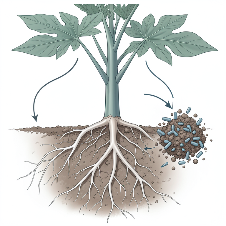 AI-generated conceptual illustration (papaya plant roots in calcareous soil). It explains the idea and does not show study data.