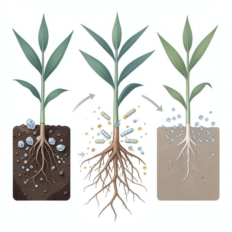 AI-generated conceptual illustration (maize plant roots in soil with phosphate-solubilizing bacteria). It explains the idea and does not show study data.