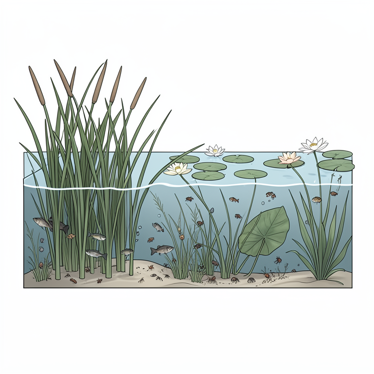 AI-generated conceptual illustration (Freshwater ecosystem with macrophytes, small fish, invertebrates, and amphibians). It explains the idea and does not show study data.