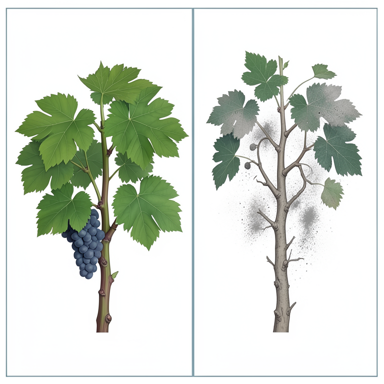 AI-generated conceptual illustration (Grape (Vitis vinifera) and guava (Psidium guajava) plants). It explains the idea and does not show study data.