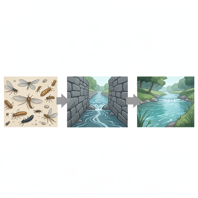 AI-generated conceptual illustration (Freshwater stream invertebrates in Kenyan rivers). It explains the idea and does not show study data.