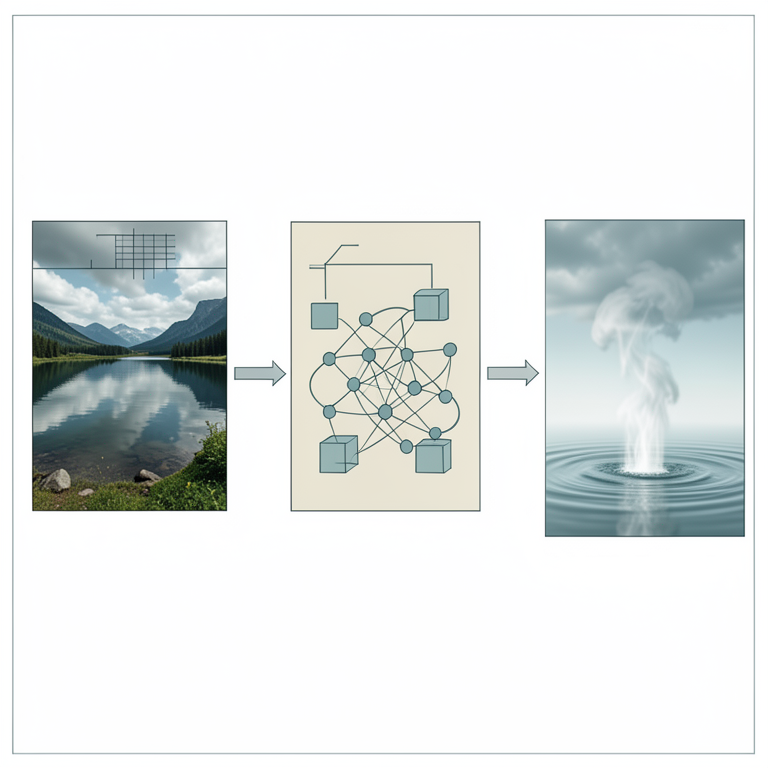 AI-generated conceptual illustration (Atmospheric water evaporation from a natural landscape). It explains the idea and does not show study data.