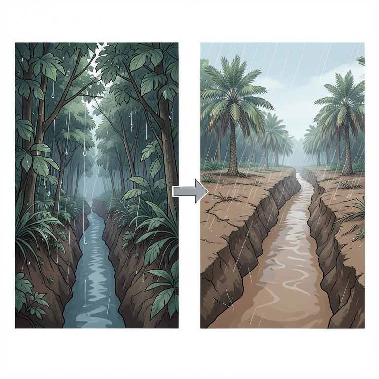 AI-generated conceptual illustration (Borneo tropical forest and deforested land). It explains the idea and does not show study data.