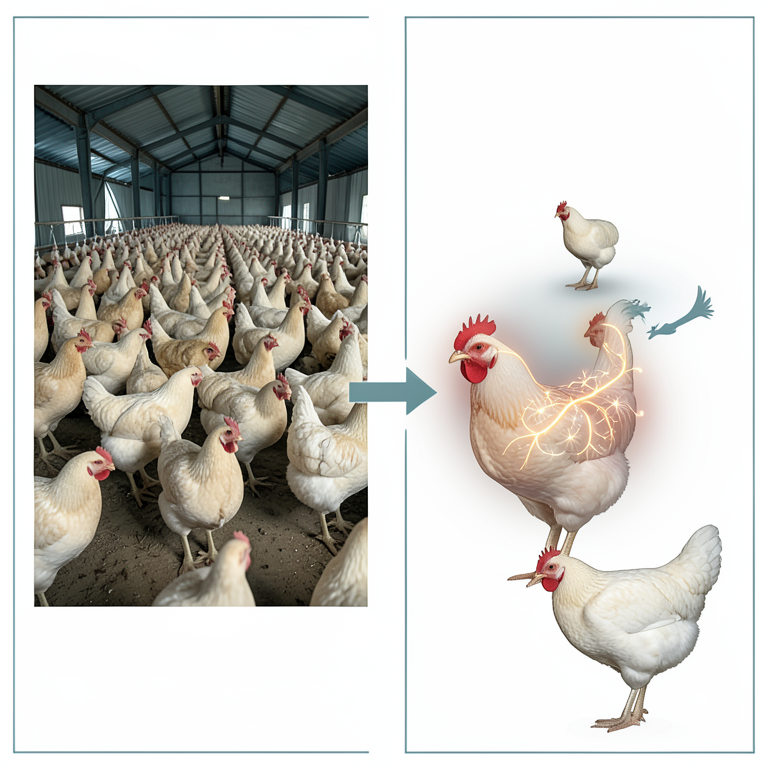 AI-generated conceptual illustration (broiler chickens in a poultry house). It explains the idea and does not show study data.