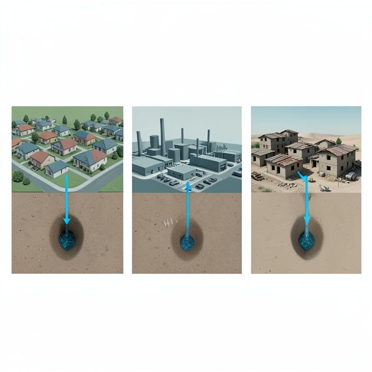 AI-generated conceptual illustration (borehole water wells in residential, industrial, and slum environments). It explains the idea and does not show study data.