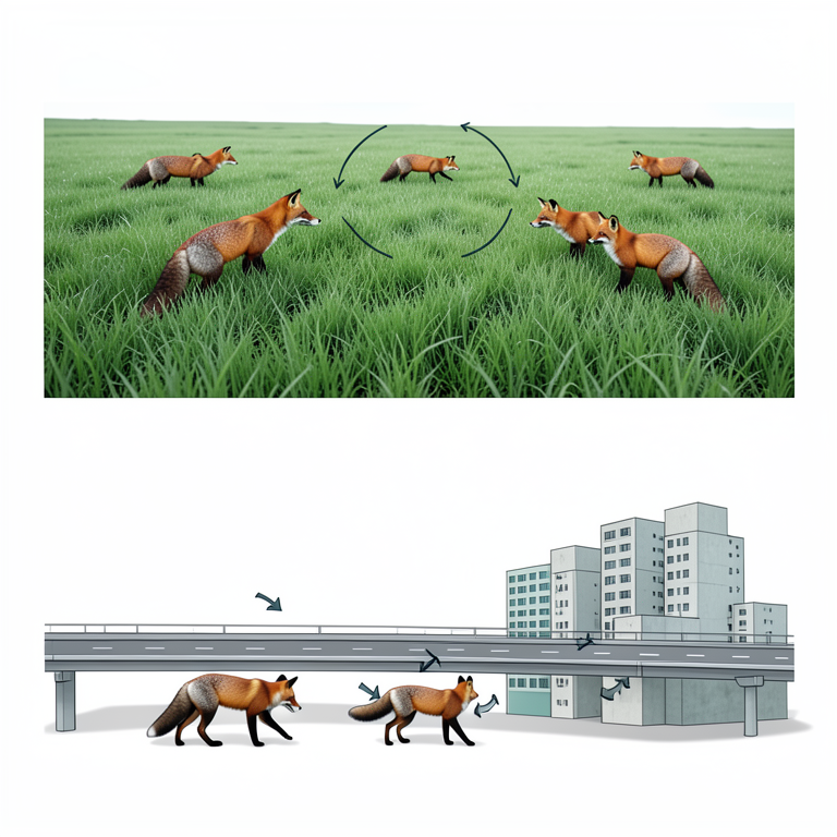 AI-generated conceptual illustration (Red foxes in a fragmented landscape). It explains the idea and does not show study data.