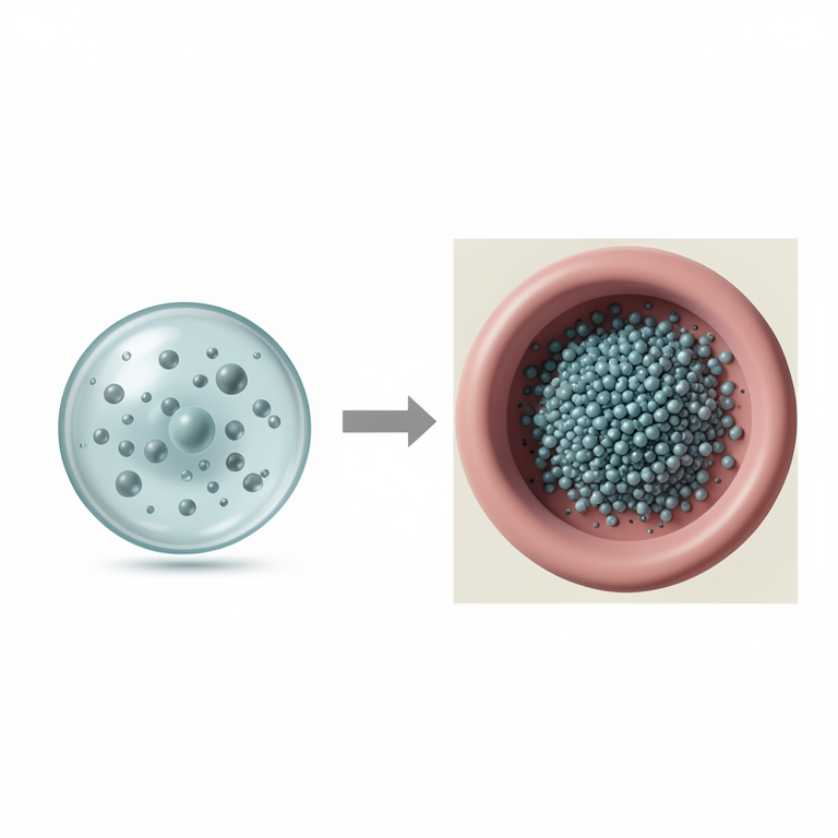 AI-generated conceptual illustration (PLGA nanoparticles containing quercetin and breast cancer cells). It explains the idea and does not show study data.