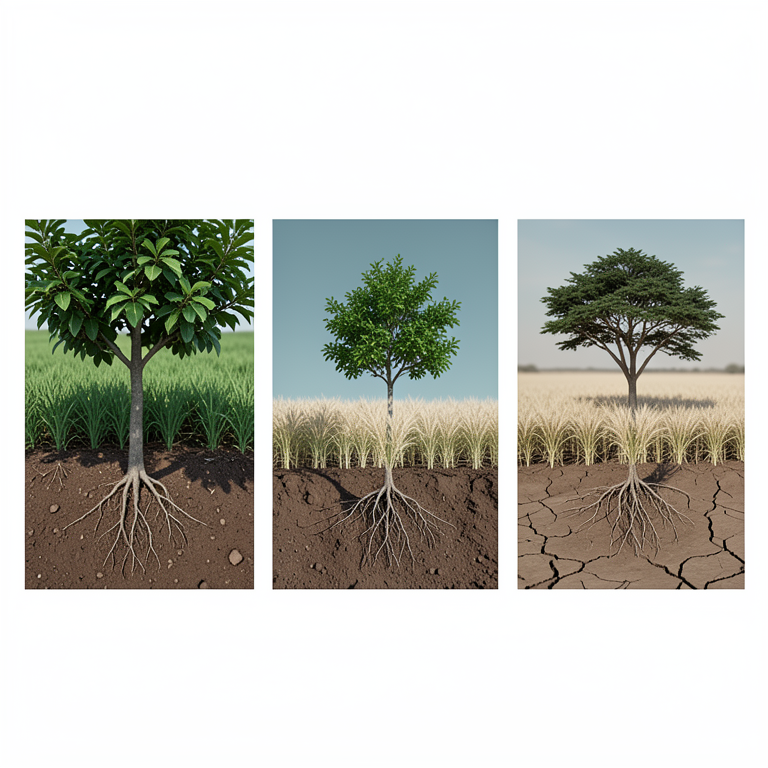 AI-generated conceptual illustration (agroforestry systems consisting of mixed walnut trees and wheat crops). It explains the idea and does not show study data.