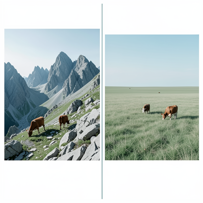 AI-generated conceptual illustration (cattle in hilly and plain landscapes). It explains the idea and does not show study data.