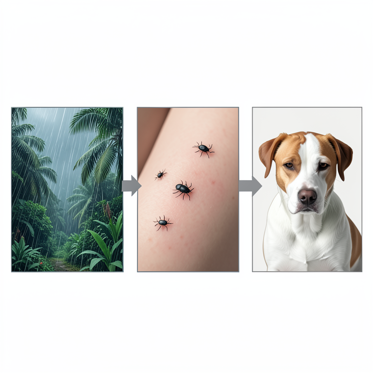 AI-generated conceptual illustration (domestic dogs and Ixodid ticks in a monsoon environment). It explains the idea and does not show study data.