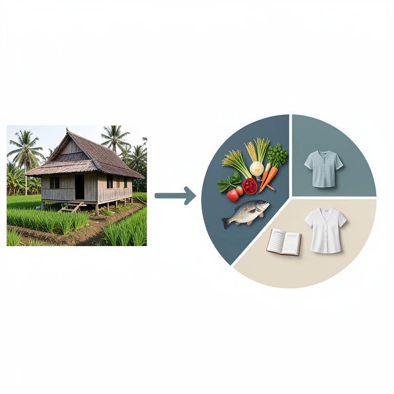 AI-generated conceptual illustration (Rice farming households in a rural Indonesian village). It explains the idea and does not show study data.