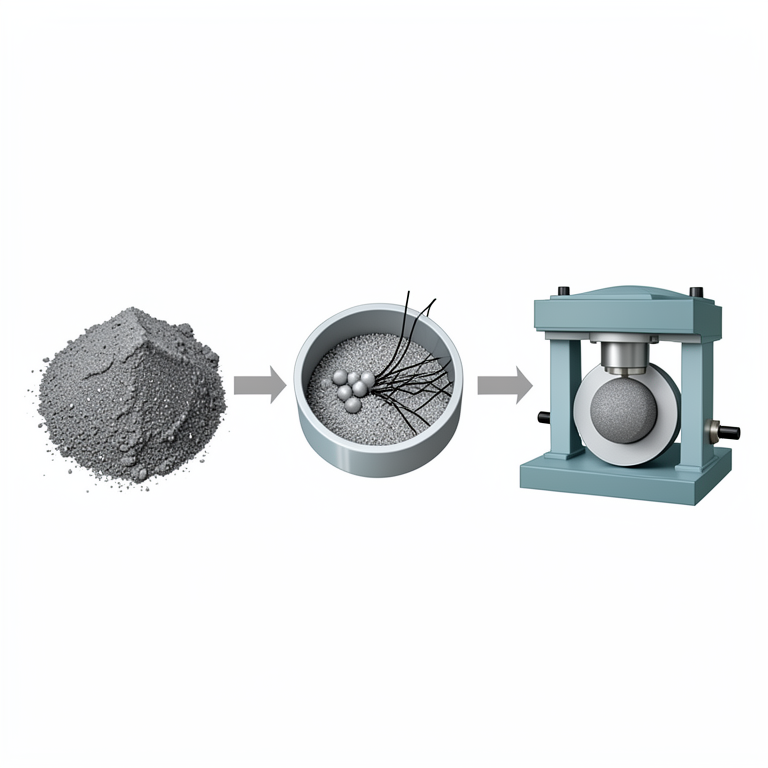 AI-generated conceptual illustration (Niobium-Titanium powder and carbon nanotubes in a spark plasma sintering press). It explains the idea and does not show study data.