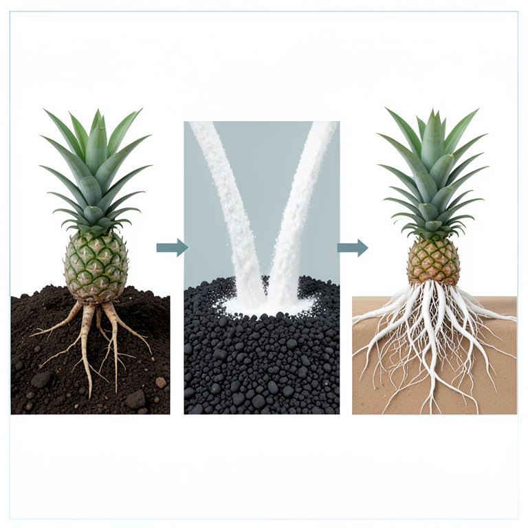 AI-generated conceptual illustration (pineapple plants in acid sulfate soil). It explains the idea and does not show study data.