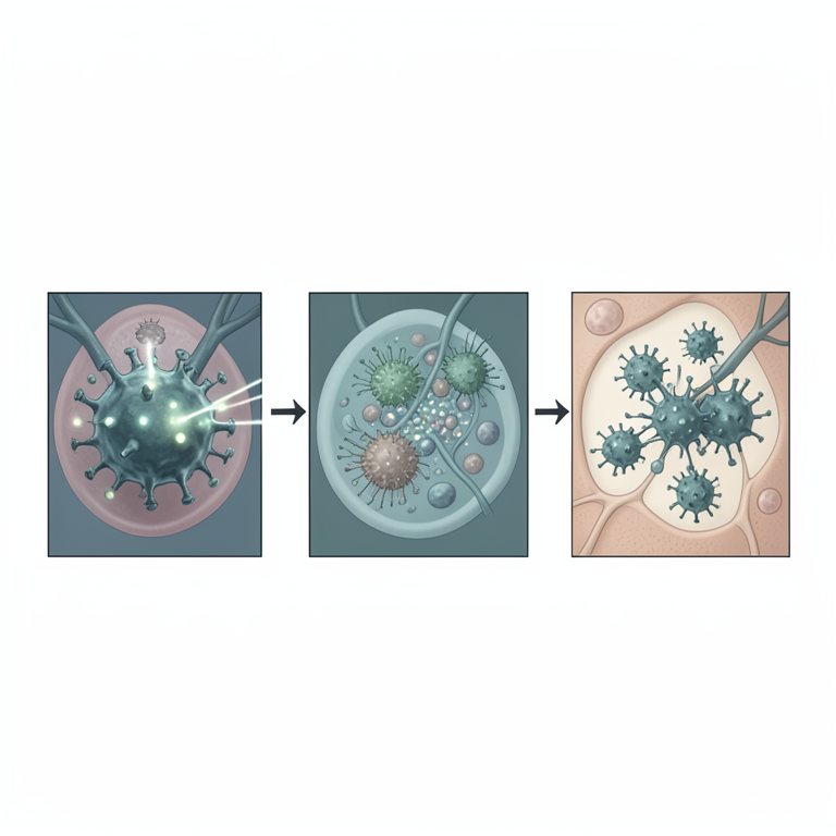 AI-generated conceptual illustration (Cowpox virus (CPXV) infecting a human skin cell). It explains the idea and does not show study data.