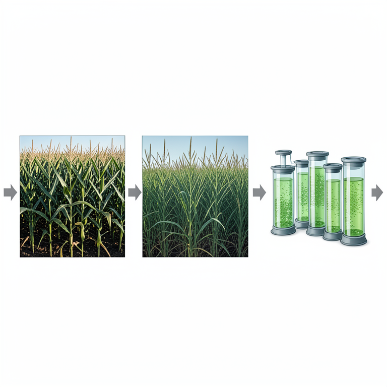 AI-generated conceptual illustration (maize, switchgrass, and microalgae). It explains the idea and does not show study data.