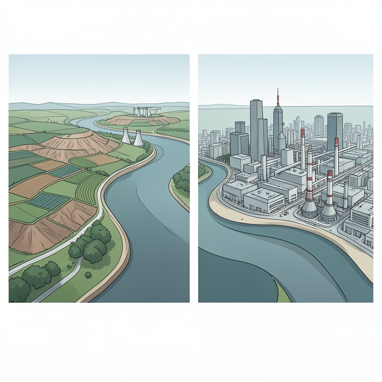 AI-generated conceptual illustration (The Yangtze River Basin with industrial and agricultural landscapes). It explains the idea and does not show study data.