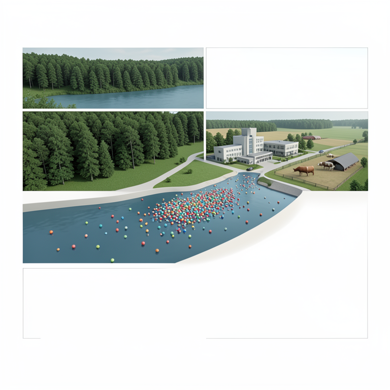 AI-generated conceptual illustration (A river flowing through a landscape containing a hospital building and a livestock farm). It explains the idea and does not show study data.