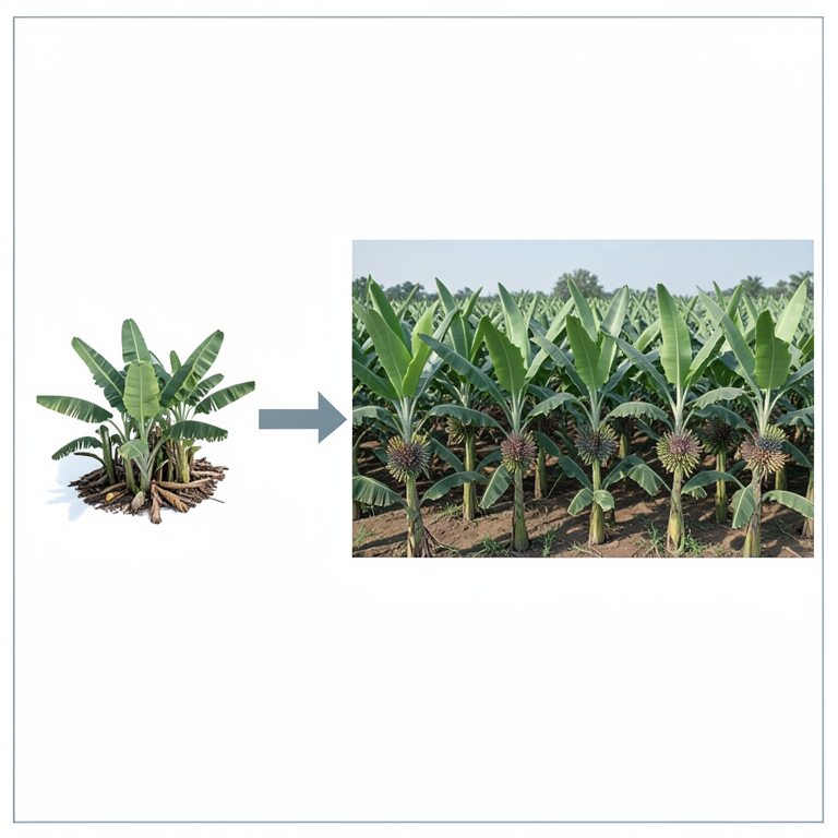 AI-generated conceptual illustration (smallholder banana plants in a cooperative farm setting). It explains the idea and does not show study data.