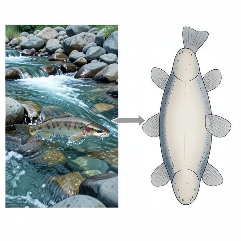 AI-generated conceptual illustration (hill-stream loaches and gobies in a rocky riverbed). It explains the idea and does not show study data.