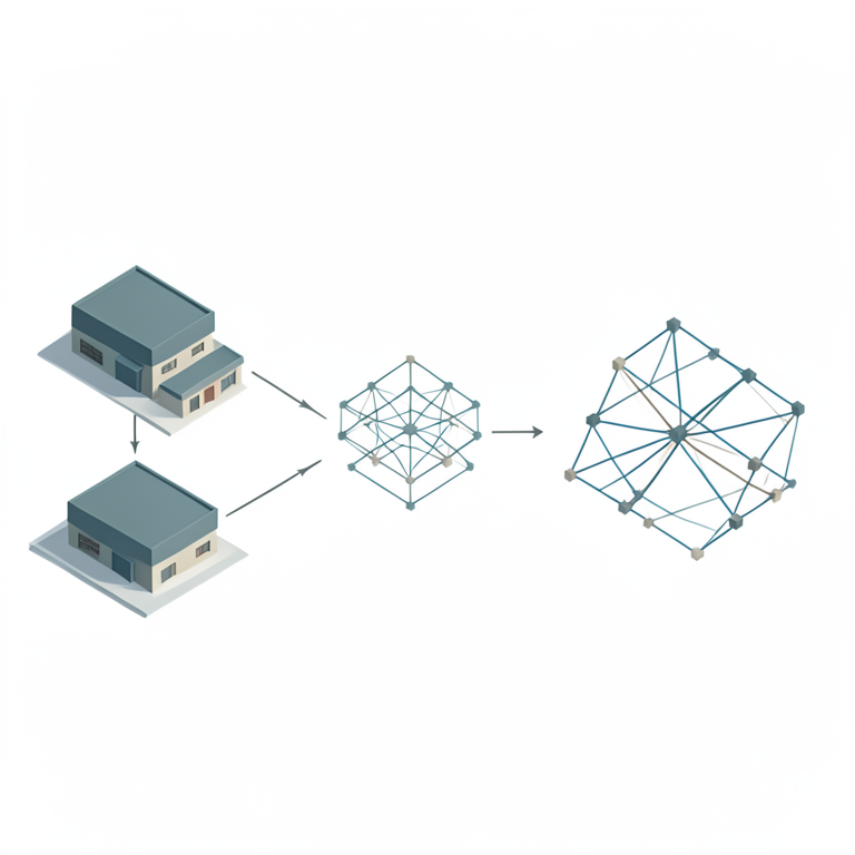 AI-generated conceptual illustration (A logistics network of warehouses and retail stores connected by transport routes). It explains the idea and does not show study data.