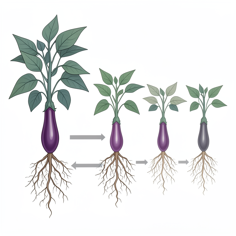 AI-generated conceptual illustration (Brinjal (eggplant) plants grafted onto wild Solanum rootstocks). It explains the idea and does not show study data.
