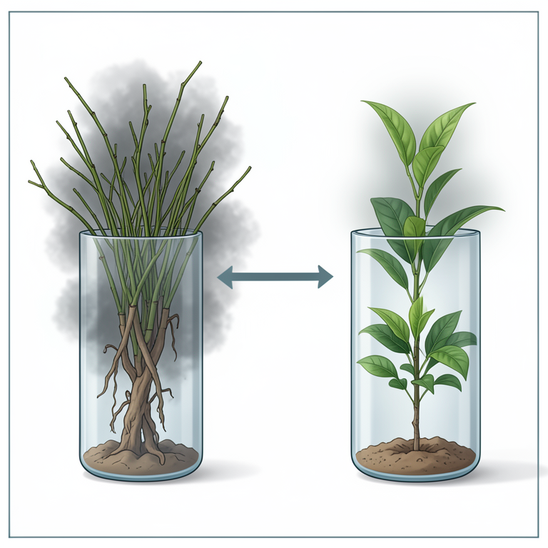 AI-generated conceptual illustration (Camellia sinensis (tea plant) shoots in glass culture vessels). It explains the idea and does not show study data.