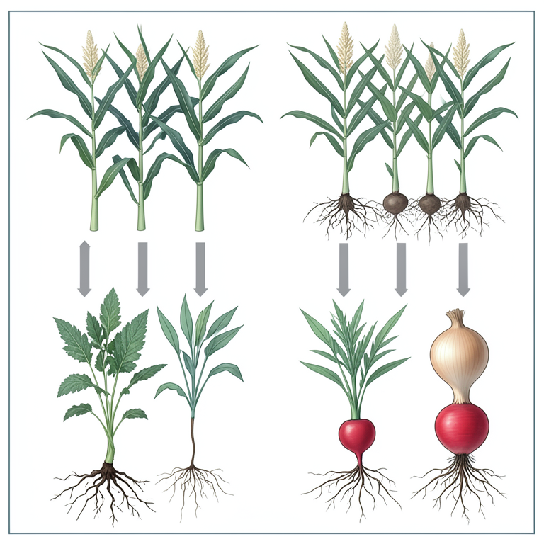 AI-generated conceptual illustration (sweet corn plants intercropped with knol khol, radish, and onion in a field). It explains the idea and does not show study data.