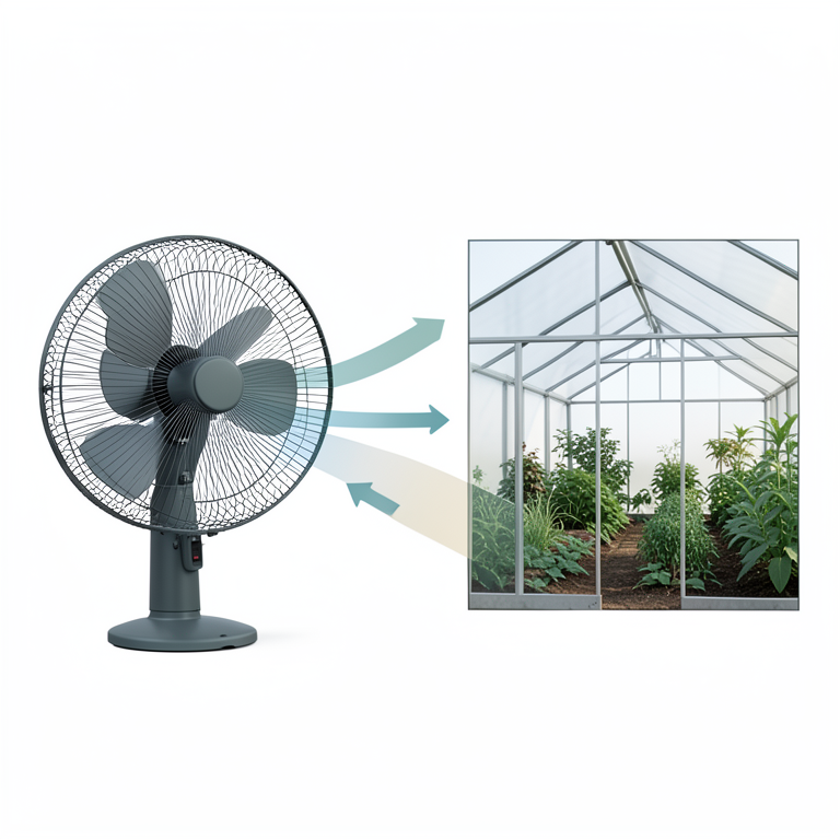 AI-generated conceptual illustration (solar greenhouse with a mop fan ventilation system). It explains the idea and does not show study data.