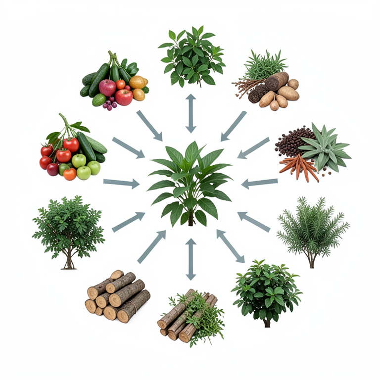 AI-generated conceptual illustration (Various tropical plants of Central Sulawesi). It explains the idea and does not show study data.