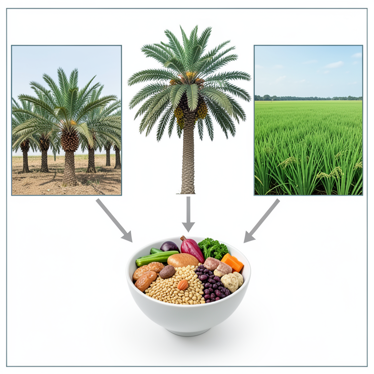 AI-generated conceptual illustration (Oil palm trees and paddy rice fields). It explains the idea and does not show study data.