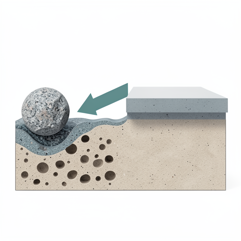 AI-generated conceptual illustration (uranium-bearing rock and soil beneath a concrete building foundation). It explains the idea and does not show study data.