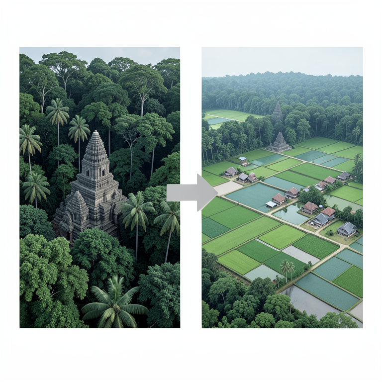 AI-generated conceptual illustration (The Angkor heritage zone landscape in Cambodia). It explains the idea and does not show study data.