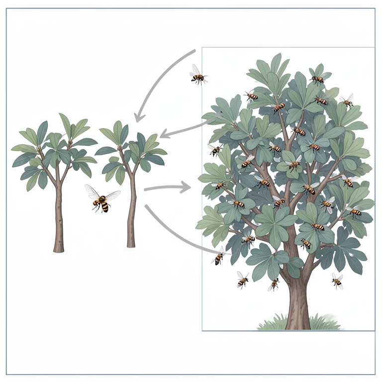 AI-generated conceptual illustration (Common fig trees (Ficus carica) and fig wasps (Agaonidae)). It explains the idea and does not show study data.
