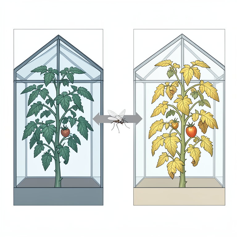 AI-generated conceptual illustration (tomato plants and whiteflies in greenhouses). It explains the idea and does not show study data.