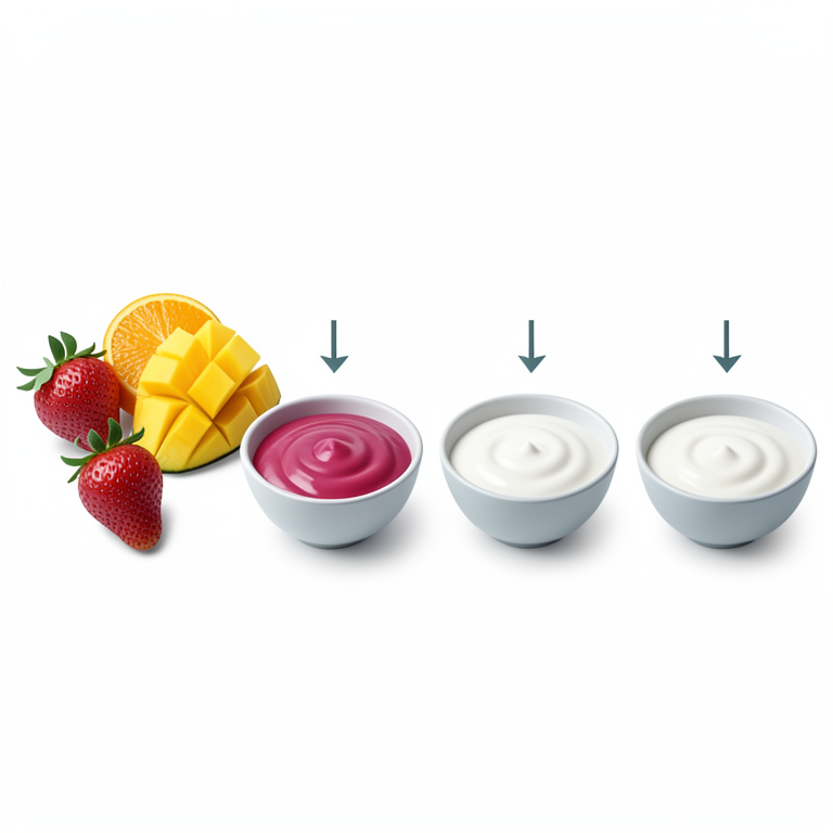 AI-generated conceptual illustration (strawberry, mango, orange, and pineapple fruits and soy yoghurt). It explains the idea and does not show study data.