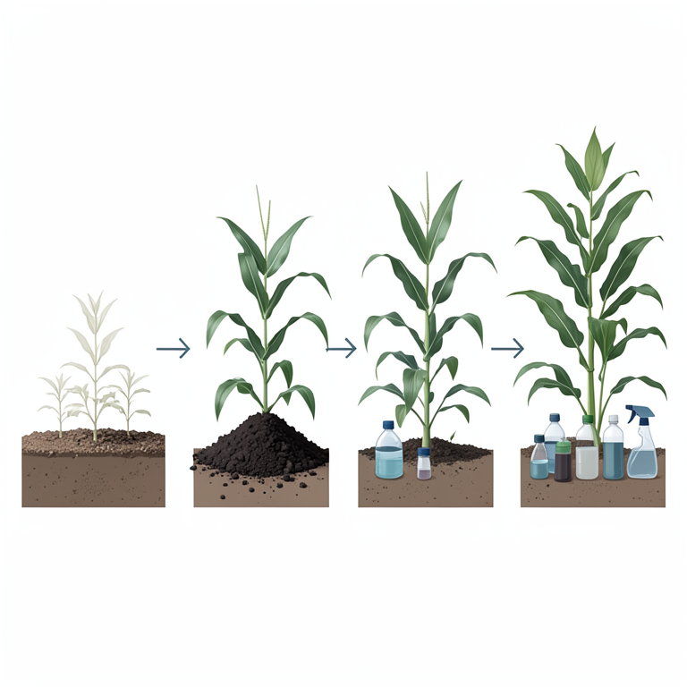 AI-generated conceptual illustration (maize plants in soil plots). It explains the idea and does not show study data.
