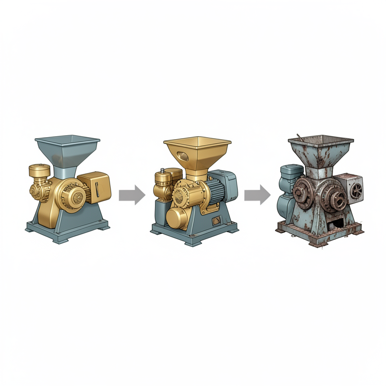 AI-generated conceptual illustration (locally fabricated cassava grinding machine powered by a gold engine). It explains the idea and does not show study data.