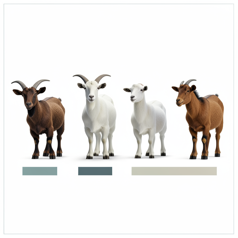 AI-generated conceptual illustration (Goat genotypes (Galla, Alpine, Saanen, and Toggenburger)). It explains the idea and does not show study data.