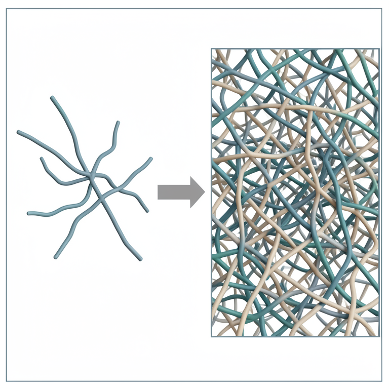 AI-generated conceptual illustration (polymer chains in a liquid solution). It explains the idea and does not show study data.
