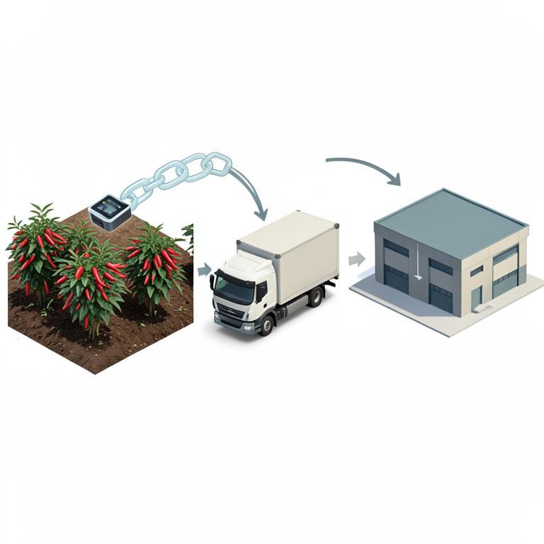 AI-generated conceptual illustration (Red chilli plants and supply chain logistics). It explains the idea and does not show study data.