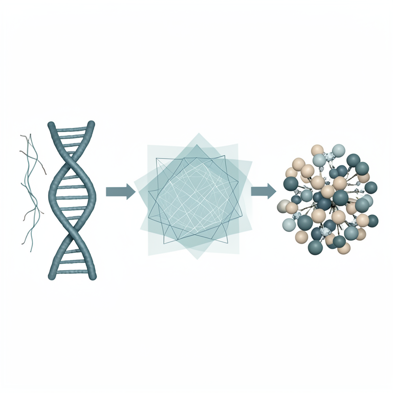 AI-generated conceptual illustration (DNA double helix and protein structures). It explains the idea and does not show study data.