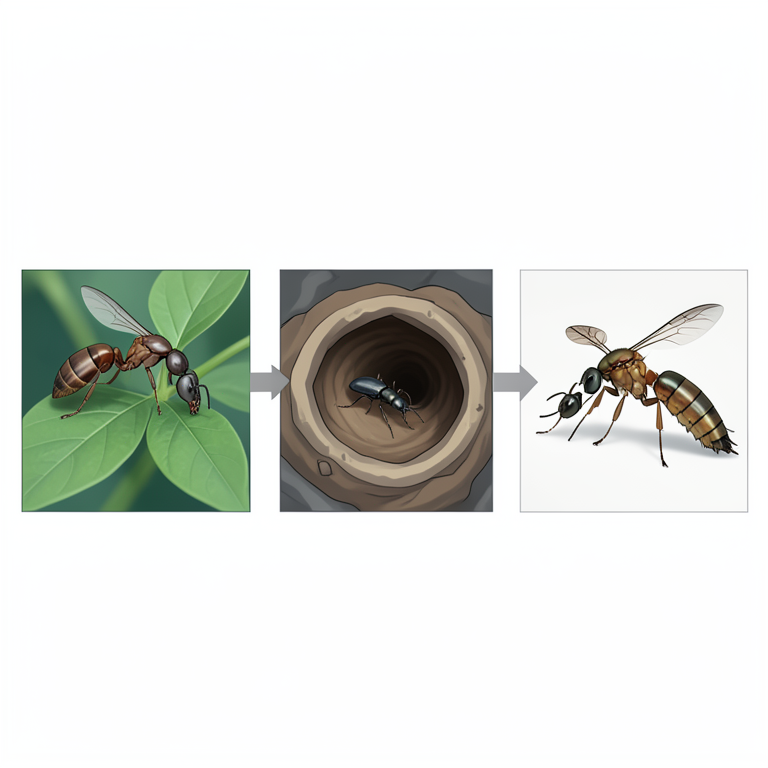 AI-generated conceptual illustration (ants, aphids, beetles, and parasitoid wasps). It explains the idea and does not show study data.