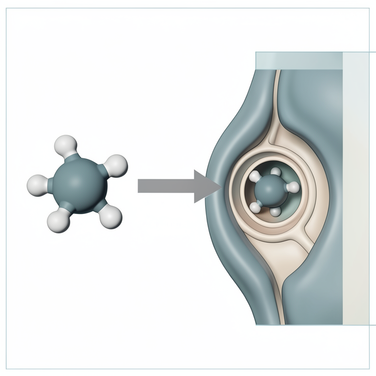 AI-generated conceptual illustration (Herpes simplex virus protein and a guanine-based small molecule inhibitor). It explains the idea and does not show study data.