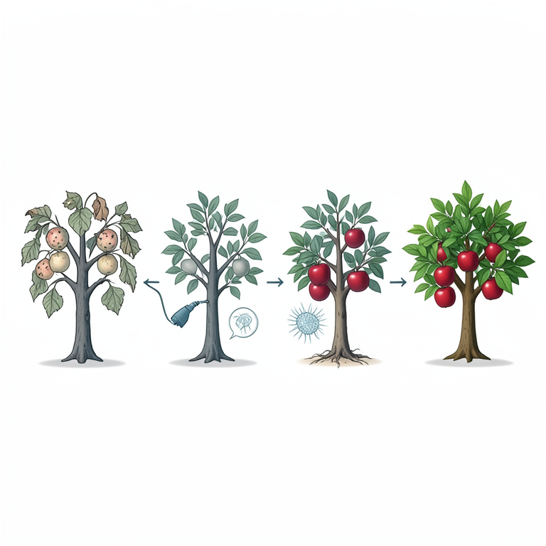 AI-generated conceptual illustration (apple trees). It explains the idea and does not show study data.