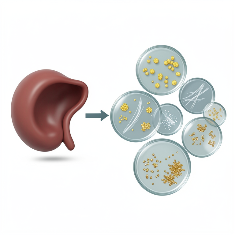AI-generated conceptual illustration (various bacterial species including Escherichia coli and Streptococcus). It explains the idea and does not show study data.