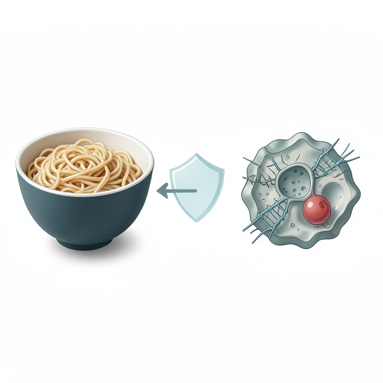 AI-generated conceptual illustration (instant noodles and human cells). It explains the idea and does not show study data.