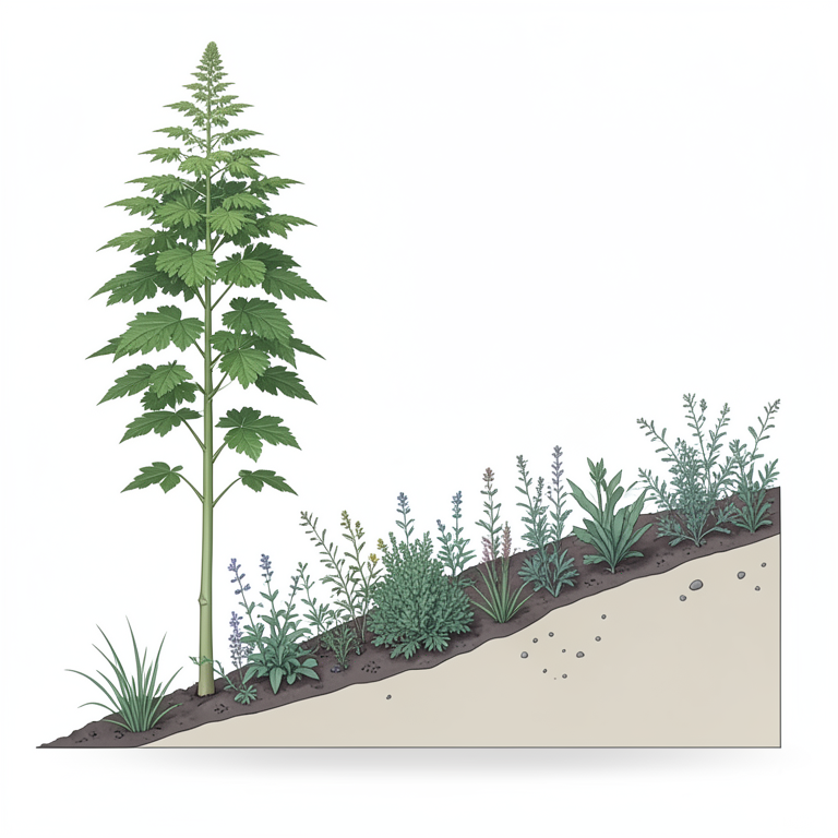 AI-generated conceptual illustration (Kenaf plants (Hibiscus cannabinus) and understory medicinal herbs on a volcanic slope). It explains the idea and does not show study data.