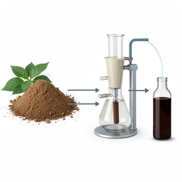AI-generated conceptual illustration (Semecarpus anacardium plant leaves and a Soxhlet extraction apparatus). It explains the idea and does not show study data.