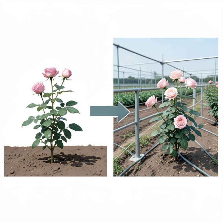 AI-generated conceptual illustration (Rose plants in a cultivation field). It explains the idea and does not show study data.