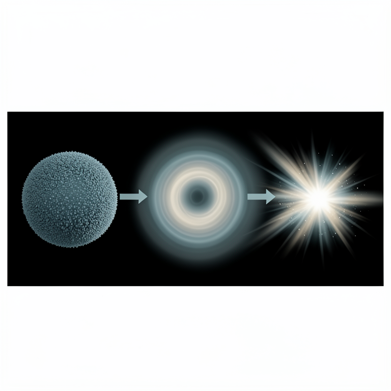 AI-generated conceptual illustration (a spherical cloud of non-ideal gas in deep space). It explains the idea and does not show study data.
